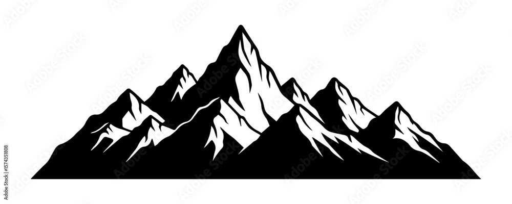 Fototapeta premium Abstract mountain landscape isolated on transparent background. Rock Silhouette. Vector design snowy mountain range for camping logotype, travel destination, adventure and outdoor exploration