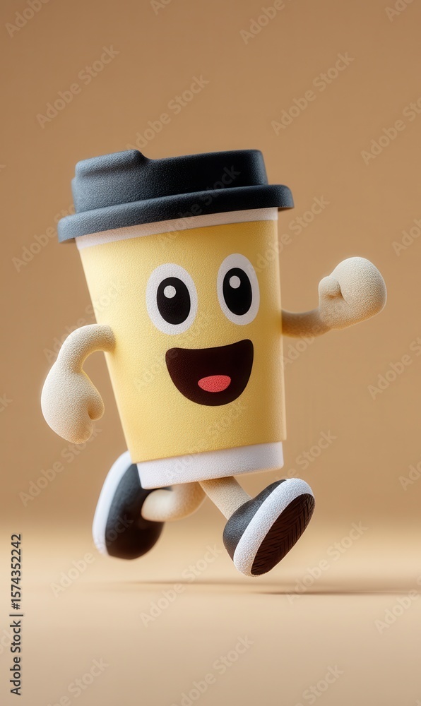 Cheerful animated coffee cup character joyfully running across a soft beige background, exuding vibrant energy and fun Cheerful animated coffee cup character joyfully running across a soft beige background, exuding vibrant energy and fun