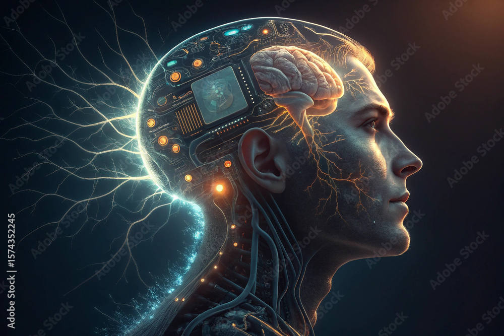 Obraz premium Human brain anatomy illustration showing human head profile with brain and thinking concept
