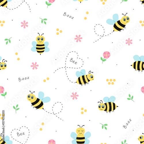 Seamless cartoon bees pattern. Funny bees background. Vector illustration, design for the nursery, wallpaper.