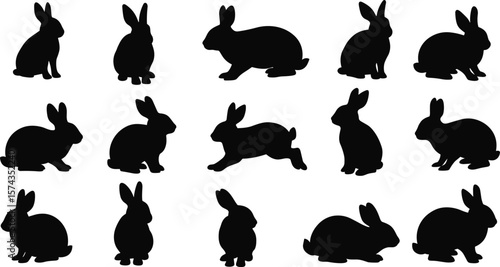 Rabbit silhouettes, bunny clipart collection, animal icons, wildlife vector, black silhouette rabbits, jumping bunny shapes, Easter design elements