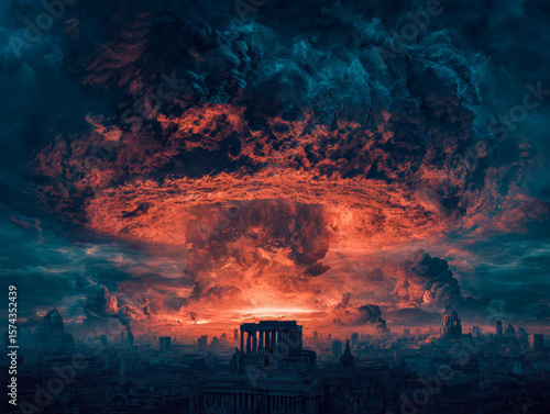 Doomsday unfolds as civilization faces collapse amidst a fiery sky and billowing clouds of destruction over a once-thriving city full of life