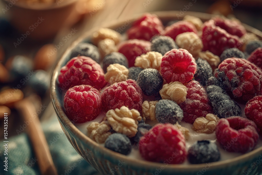 Delicious raspberries, blueberries, and granola in bowl isolated on transparent background Delicious raspberries, blueberries, and granola in bowl isolated on transparent background