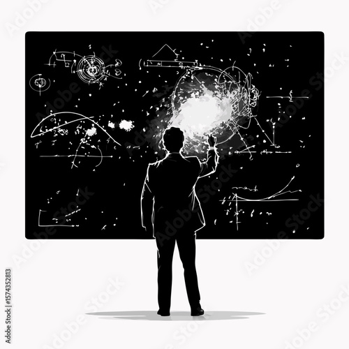 silhouette of astrophysicist writing equations on digital whiteboard focused on cosmic theory isolated on white background 4K vector 