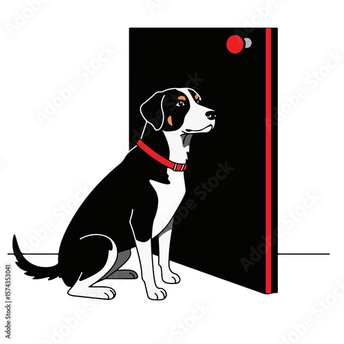 Dog sitting by the door and waiting patiently for someone  
