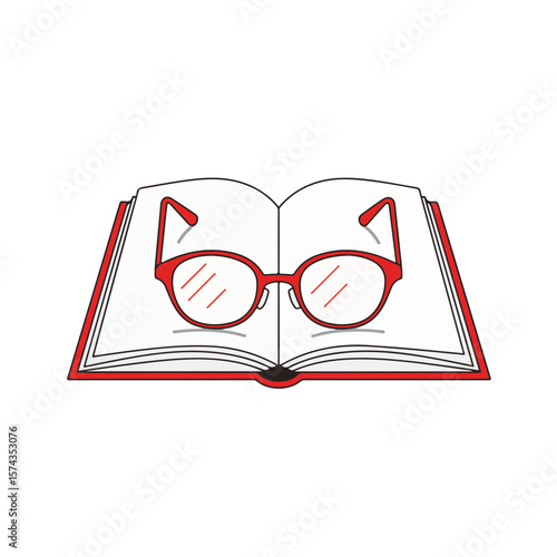 Open book with red glasses resting on the pages  