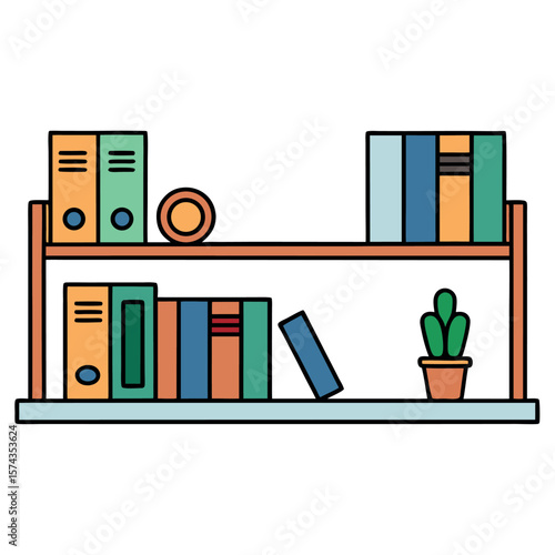 Bookshelf filled with books and decor for study room coloring book art Line Art Vector Illustration