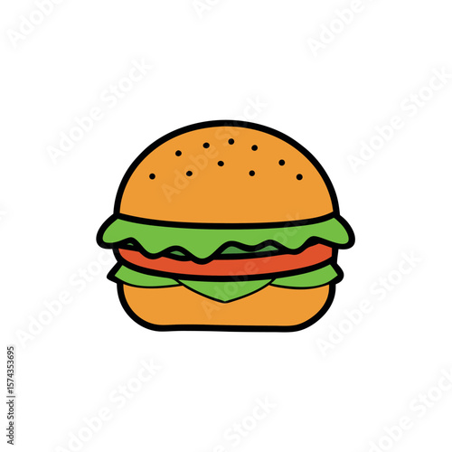 Burger with lettuce and buns food illustration for fast food coloring book art Line Art Vector Illustration