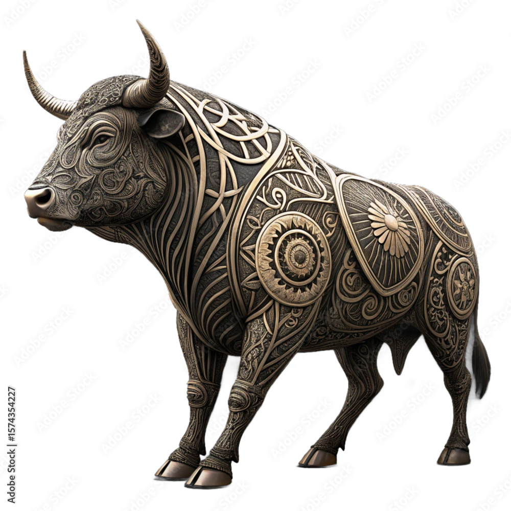 Fototapeta premium 3D bull shown in side profile, its muscular form wrapped in complex tribal and mandala designs