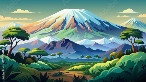 Mount Kilimanjaro, Tanzania – Snow‑capped summit towers above lush slopes. Morning mist hugs evergreen forest, blending green and white contrasts for dramatic, inspiring mountain scenery.