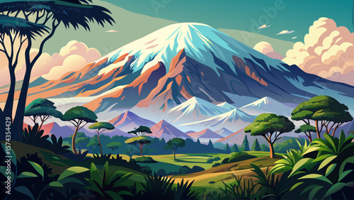 Mount Kilimanjaro, Tanzania – Snow‑capped summit towers above lush slopes. Morning mist hugs evergreen forest, blending green and white contrasts for dramatic, inspiring mountain scenery.