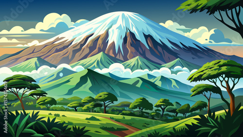 Mount Kilimanjaro, Tanzania – Snow‑capped summit towers above lush slopes. Morning mist hugs evergreen forest, blending green and white contrasts for dramatic, inspiring mountain scenery.