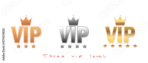 Set of VIP badges, icon, sign, tag, symbol in Three level. Gold, silver and bronze color round labels collection.