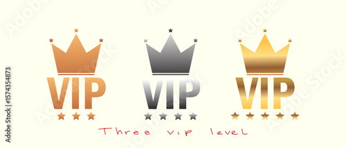 Set of VIP badges, icon, sign, tag, symbol in Three level. Gold, silver and bronze color round labels collection.
