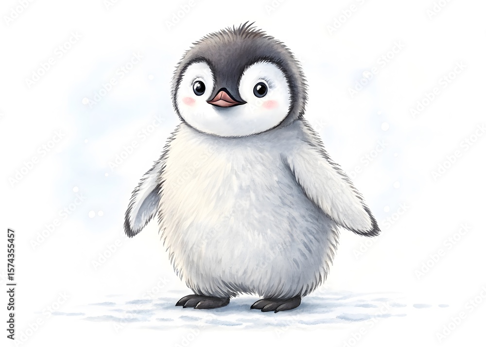 Fototapeta premium A cute baby penguin stands on snow isolated on white background