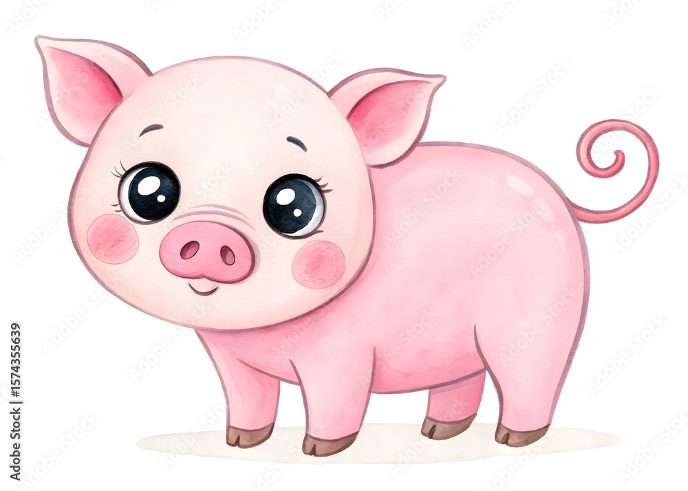Naklejka premium A cute pink piglet stands with a happy smile