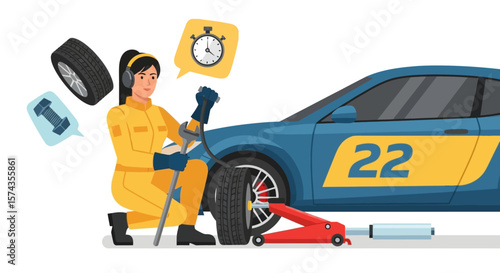 A female race car mechanic changing a tire during a pit stop, timing the repair.