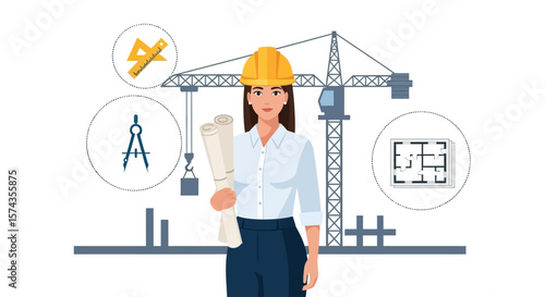 A female architect stands with blueprints, construction elements around her.
