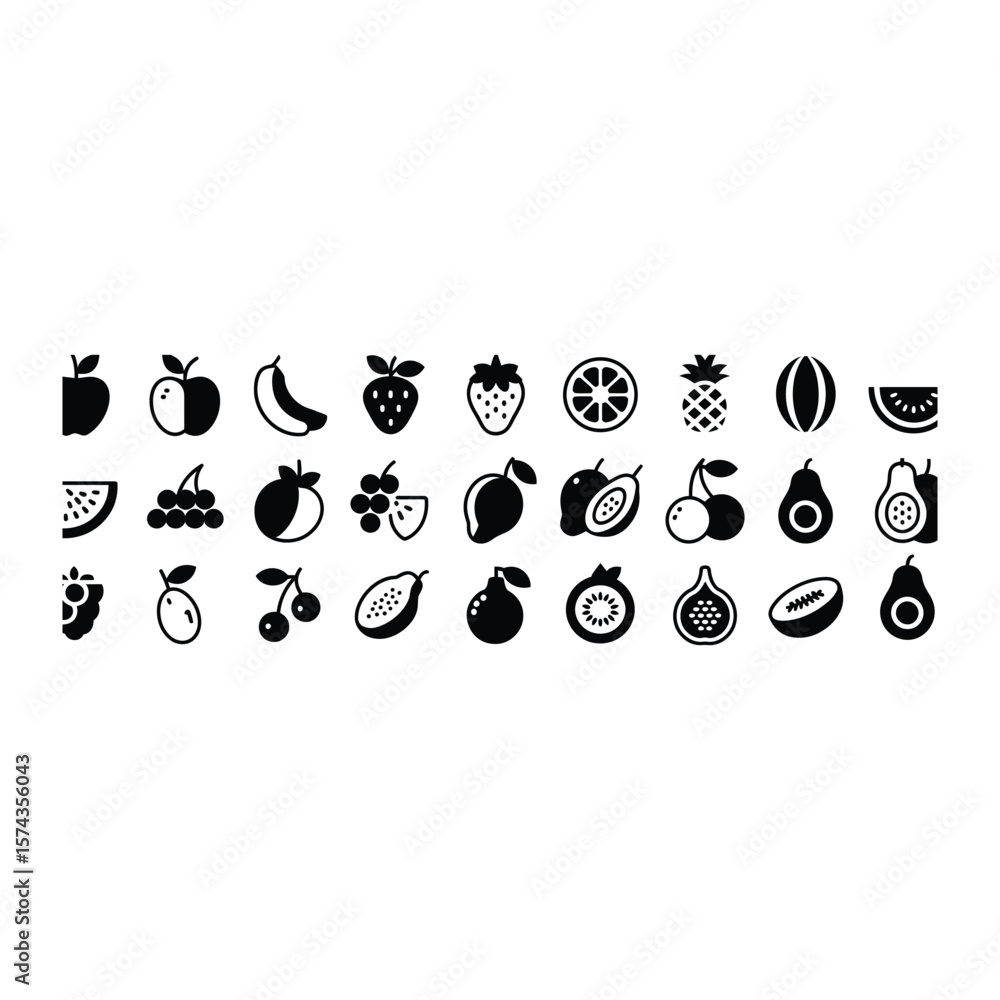 Fototapeta premium Collection of illustrated black and white fruits icons perfect for health and dietary designs