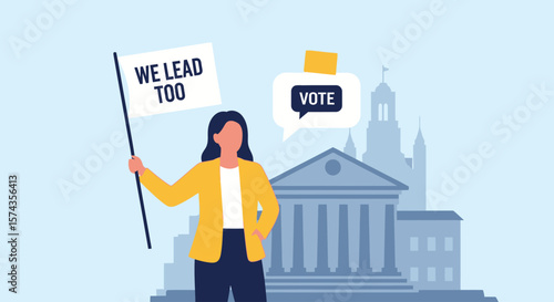 A woman holding a protest sign advocating for voting rights in front of a government building.