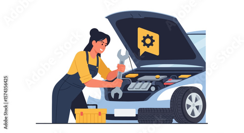 A smiling female mechanic efficiently repairs a car engine, using a wrench,  with a helpful repair guide displayed.