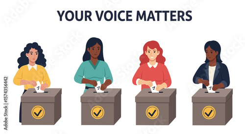 Four diverse women casting ballots into individual ballot boxes, emphasizing the importance of voting.