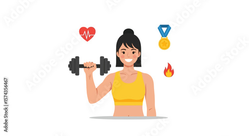 A smiling woman lifting a dumbbell, surrounded by fitness-related icons.