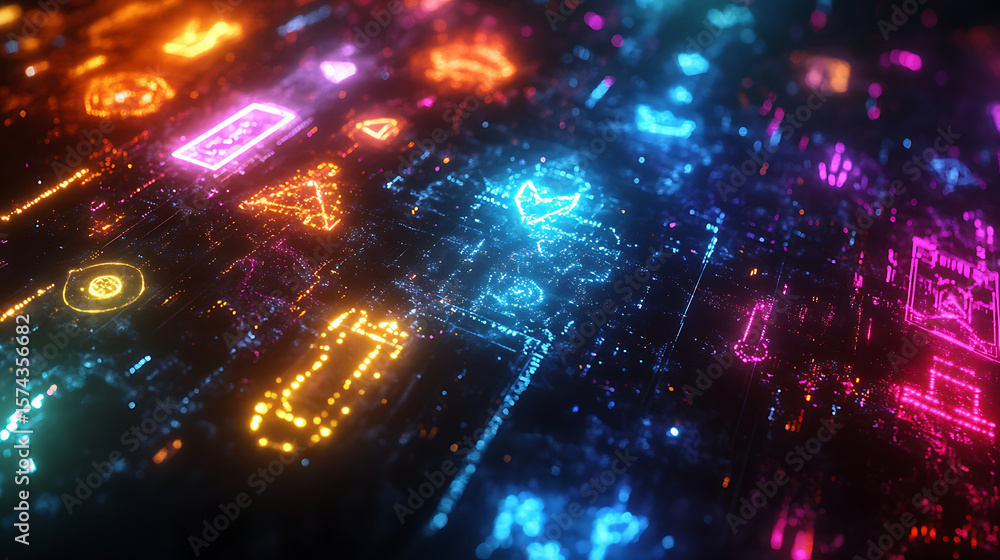 Obraz premium Perspective neon field radiating purple and pink high resolution picture