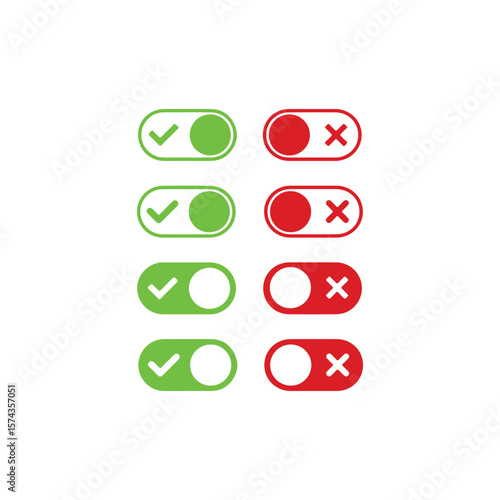 On Off Button Green And Red Vector Illustration, Toggle Switch Icons, Binary Options UI Elements, On/Off Switches for Digital Interfaces,
