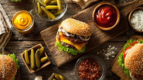 Wallpaper Mural Wooden picnic table with burger fixings laid out, airy top view Torontodigital.ca