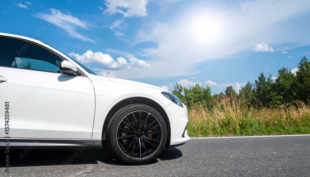 Fototapeta premium White Sport Car Parked on the Road Against a Bright Sunny Sky Perfect for Automotive Design Luxury Vehicle Concepts and Outdoor Lifestyle Imagery