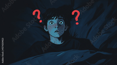 Man is lying under blanket on bed at deep night, with frowning face, not being able to sleep because of obsessive thoughts, problems, emotional stress and depression. Insomnia and neurosis concept 