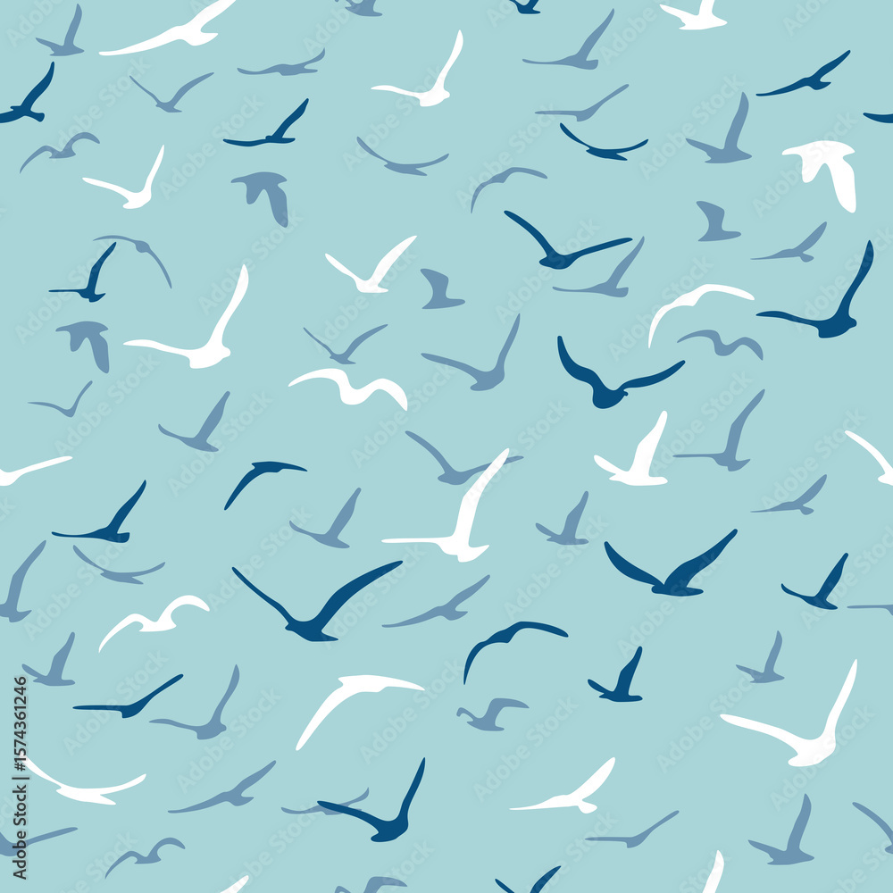 Flock of flying silhouette birds. Birds seamless pattern. White seagulls on a blue background. Vector Flock of flying silhouette birds. Birds seamless pattern. White seagulls on a blue background. Vector