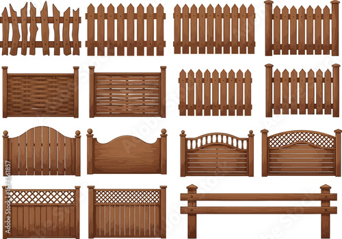 Collection of various wooden fence designs and styles for garden and property boundaries