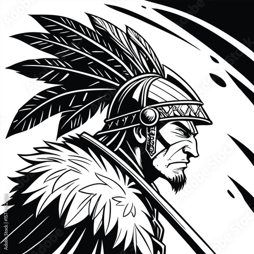 Fierce warrior profile with feathered headdress and fur collar