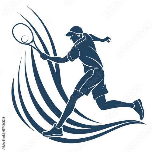 Dynamic silhouette of a male tennis player in action hitting a forehand shot with stylized motion lines