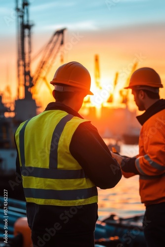 Diverse engineers collaborate on marine engineering projects at sunset near a busy port