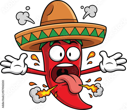 Funny cartoon chili pepper with sombrero, spicy hot expression, Mexican food character, tongue fire, comic vegetable, heat symbol, vector illustration