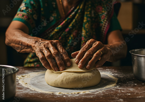 Senior Indian Woman Kneading Dough on a Wooden Table | Traditional Cooking Preparation for Baking, Food Photography and Recipe Concepts