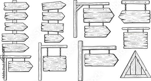 Collection of rustic wooden signposts and directional signs with a hand drawn outline style