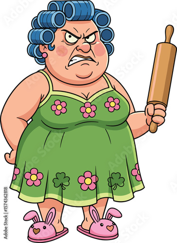 Angry cartoon woman in dress with rolling pin, funny housewife illustration, curlers, slippers, domestic scene, comic character, vector art