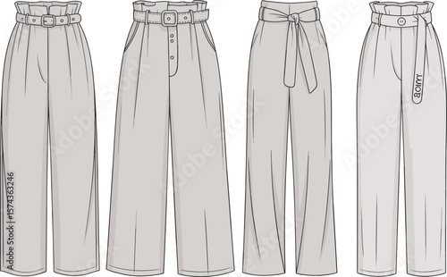 Versatile Women's Pants Collection CAD Drawing Flat Vector Illustration with Belted, Pleated, and Tie Waist Styles for Fashion Design