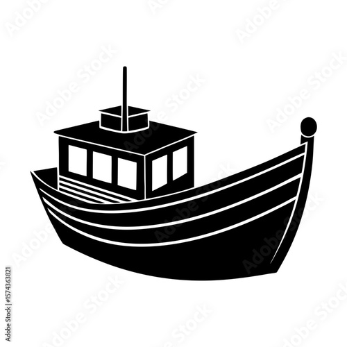 Silhouette of a fishing boat with cabin and mast on a white background