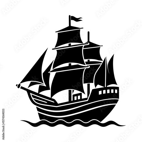 Silhouette of a three masted sailing ship on the water in black color