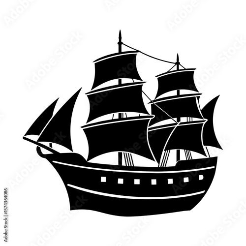 Silhouette of a vintage sailing ship with multiple sails on white background