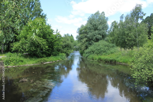 Summer. View of the river in the city park. Russia.