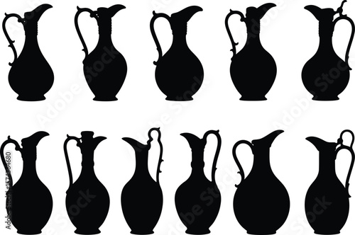 Collection of ten black silhouette antique pitchers and jugs with handles and spouts arranged in two rows