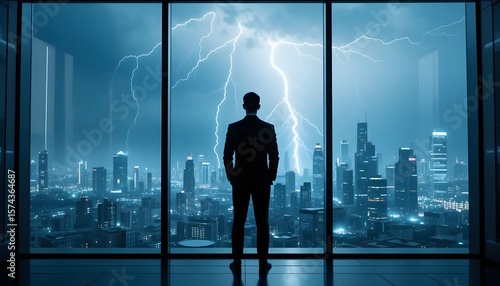 Businessman looking at lightning over city skyline office view dark and stormy night