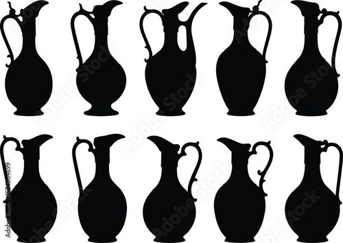 Collection of elegant black silhouette pitchers and jugs with handles and spouts on a white background