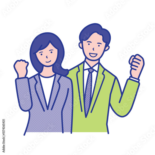 ガッツポーズをするスーツ姿の20代〜40代男女